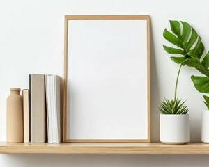 Frame on shelf with books and plants, minimalist interior design, serene atmosphere. Gallery mockup.