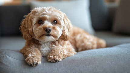 
cute cavapoo lying on his textile gray bed, living room