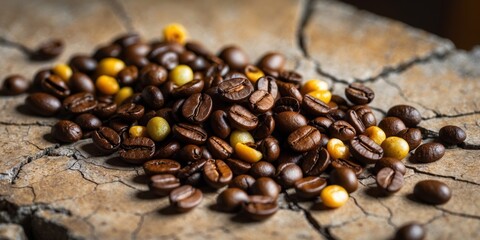 Roasted Coffee Beans on Cracked and Weathered Surface.