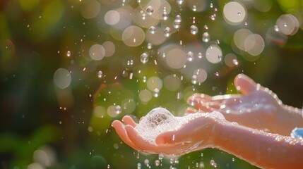 little kid hands wash with soap bubbles and rinse with clean water to prevent and stop the spread of germs after back to home, virus or covid19. Good health and good personal hygiene, virus, bacteria