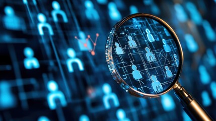 HRM or Human Resource Management, Magnifier glass focus to manager icon which is among staff icons for human development recruitment leadership and customer target. resume, interview. generate by AI