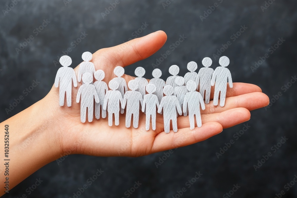 Aufkleber hand holding a group of white paper cutout figures symbolizing family unity and social structure in 
