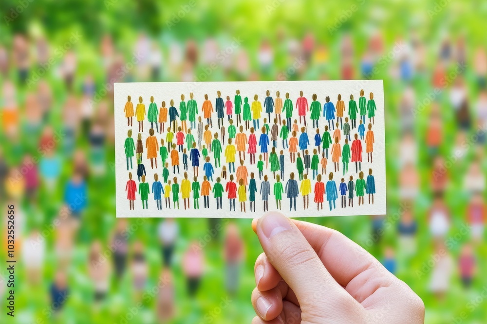 Aufkleber hand holding a small card with a crowd of colorful miniature figures symbolizing inclusion represent