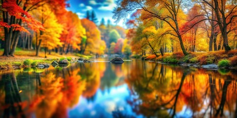 "Autumn Forest River Reflection - Tilt-Shift Photography"