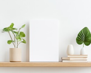 Minimalist shelf with plants and a blank canvas on a light background. Gallery mockup.