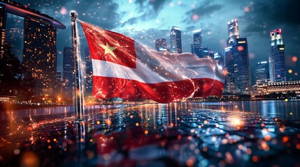 A red and white flag with a star waves in front of a cityscape at night.