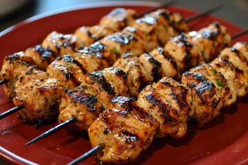 Grilled Chicken Skewers with Glaze and Herbs on Red Plate