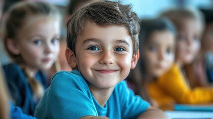 Obraz premium primary elementary school group of children studying in the classroom. learning and sitting at the desk. young cute kids smiling, high quality photo