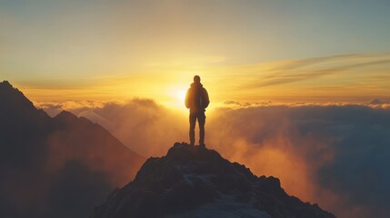 Silhouette of business male stand and feel happy on the most hight at the mountain on sunset, success, leader, teamwork, target, Aim, confident, achievement, goal, on plan, finish, generate by AI