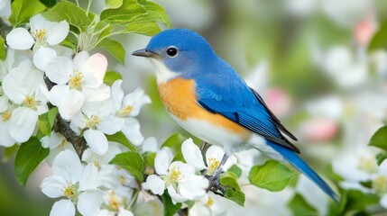 Obraz premium A vibrant bluebird perched on a flowering branch, showcasing nature's beauty.