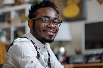 Obraz premium A Stylish Young Man Smiling in a Cozy Workspace