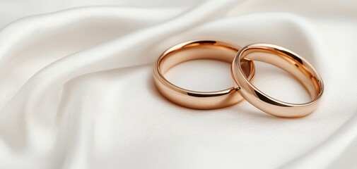 Elegant wedding rings resting on soft satin fabric, symbolizing love and commitment.