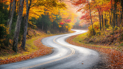 Fototapeta premium Winding Road Through Autumn Forest with Yellow and Red Leaves
