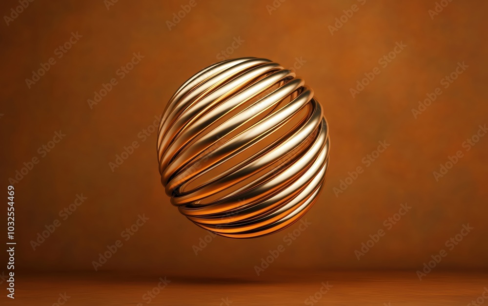 Poster floating metallic sphere with spiral pattern on a brown background.