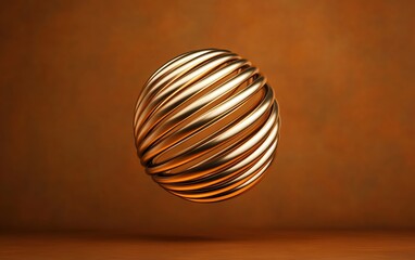 Floating metallic sphere with spiral pattern on a brown background.