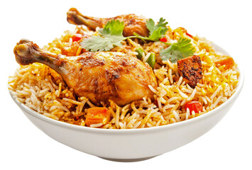 Delicious chicken biryani served in a white bowl isolated on transparent background