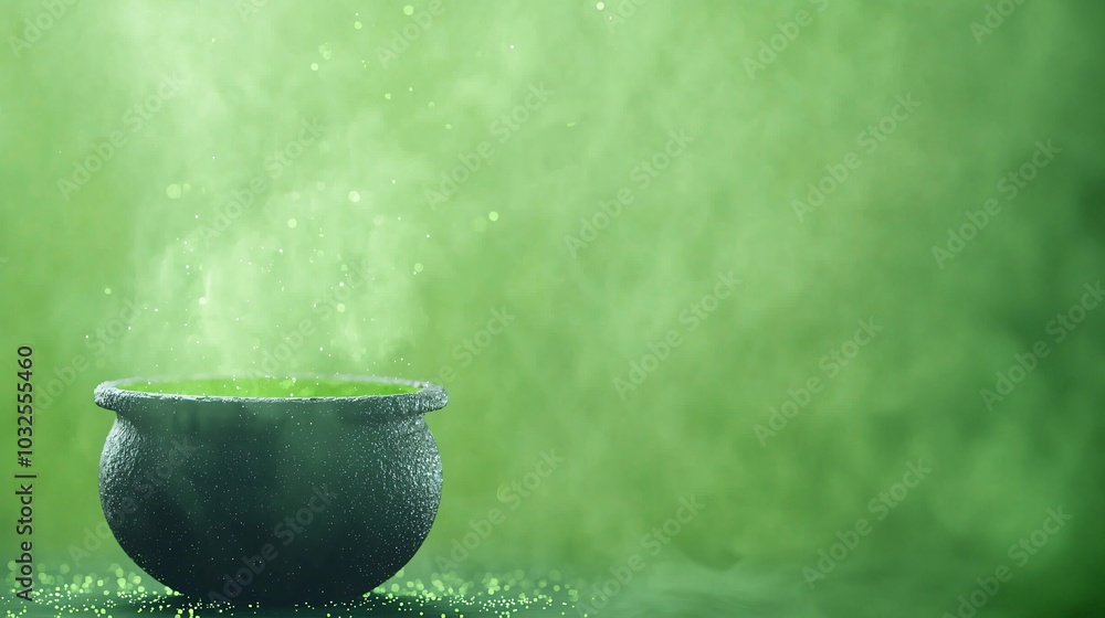 Poster enchanting green elixir in mystical cauldron - sparkling liquid surrounded by ethereal mist and glow