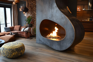 Obraz premium Curved modern fireplace with smooth ceramic finish, burning softly in a chic, bohemian living room.