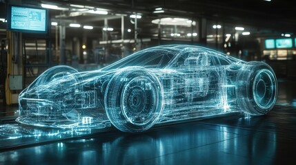 Wireframe car research with digital technology overlay 
