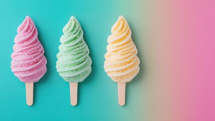 Three ice cream cones with different colors and sprinkles on top