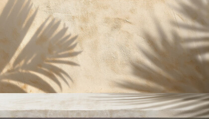 empty room with shadow plant on beige wall, empty brown marble stone counter table top with shadow , beige brown stucco cement luxury wall for product display presentation