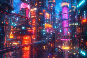 Fototapeta premium Vibrant urban collaboration in a futuristic neon cityscape at dusk