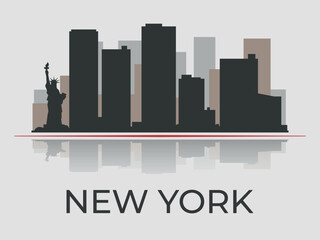 Silhouette of New York city skyline with reflection in the water, emphasized by red line. Vector on a gray background