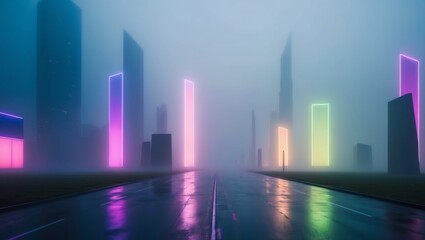 Abstract Cityscape with Neon Lights and Mist.