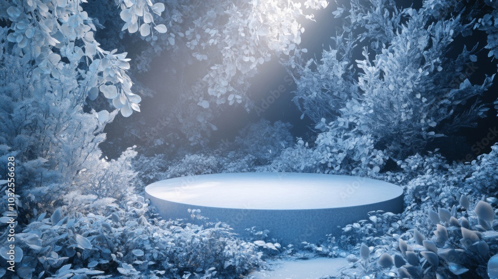 Aufkleber a circular platform stands quietly in an enchanting woodland, surrounded by vibrant white foliage an