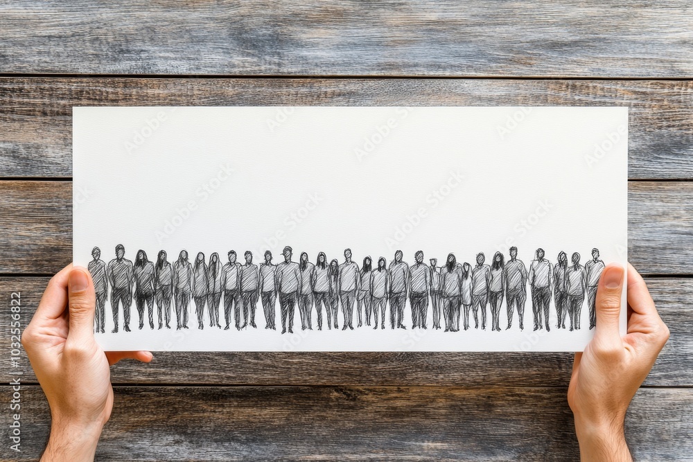 Aufkleber hands holding a large rectangular poster with a row of black silhouettes symbolizing unity diversity