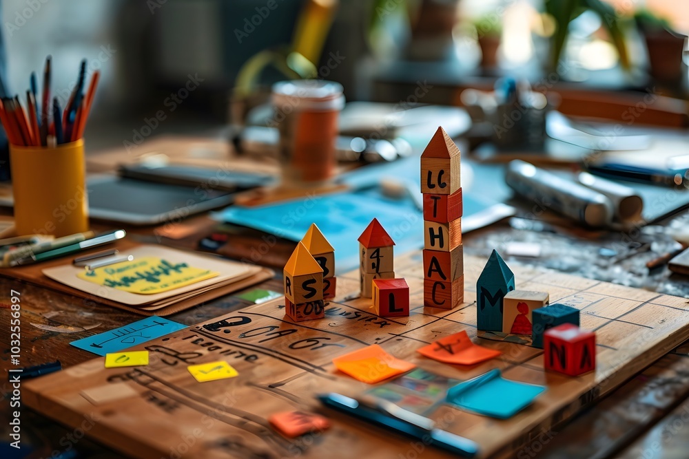 Poster creative workspace with colorful building blocks and stationery