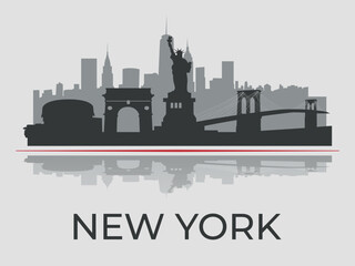 Naklejka premium Black silhouette of New York city skyline with reflection in the water, emphasized by red line. Vector on a gray background