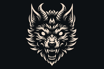 Evil wolf head. Demonic horned beast from hell. Vector illustration, emblem, contour drawing, tattoo sketch © Victoria