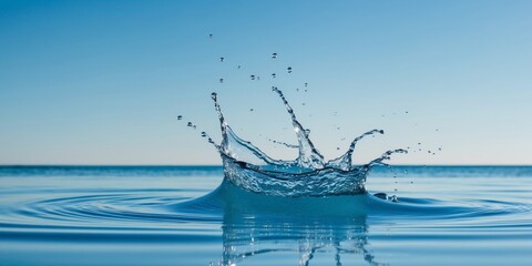 A blue sky in the background is visible as a liquid splashes into clear water.