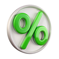 Green circular percentage icon, 3D glossy discount symbol on transparent background for sale promotion