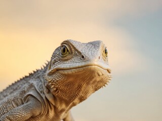 Fototapeta premium A lizard's face in sharp focus Background softly blurred Yellow sky backdrop.