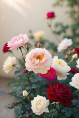 Fototapeta premium Colorful Blooming Roses in Garden Setting.