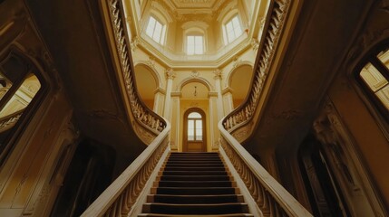 Symmetrical lines of a grand staircase in a historic mansion, showcasing elegance