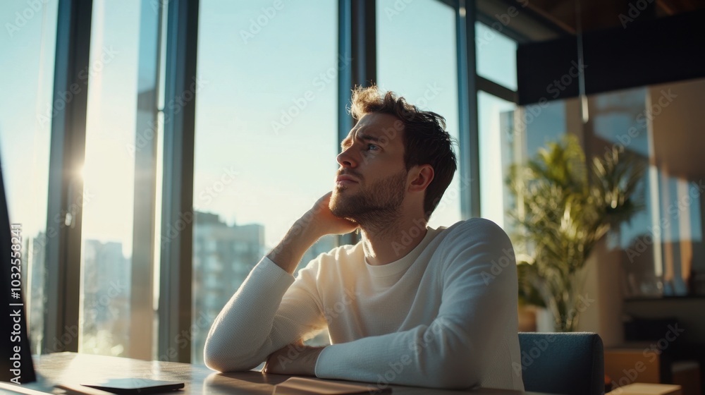 Wall mural Confused man sitting in a modern office with large windows, looking at his computer screen with a perplexed look, sunlight filtering through the windows