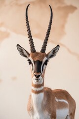Fototapeta premium A tight shot of a small antelope with elongated horns atop its head gazes into the camera.