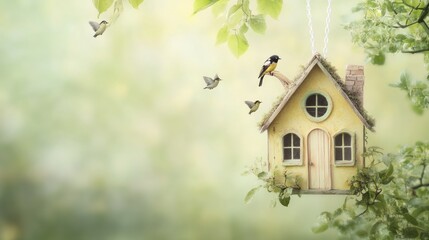 A whimsical birdhouse surrounded by flying birds and greenery, evoking a peaceful nature scene.