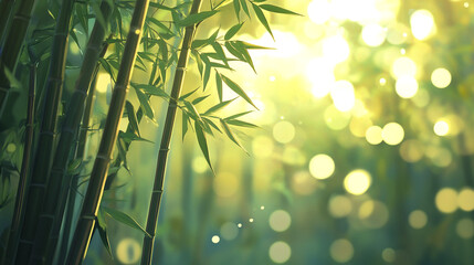 Fototapeta premium Sunlight Through Bamboo Forest Nature Background Green Lush Tranquil Peaceful Boke