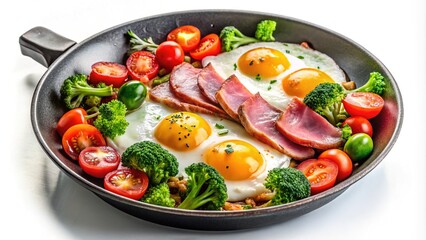"Morning Delights: Isolated Traditional Breakfast with Fried Eggs, Ham, Broccoli, and Tomato"