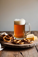 A Mug of Beer with Pretzels and Cheese on a Rustic Wooden Table.