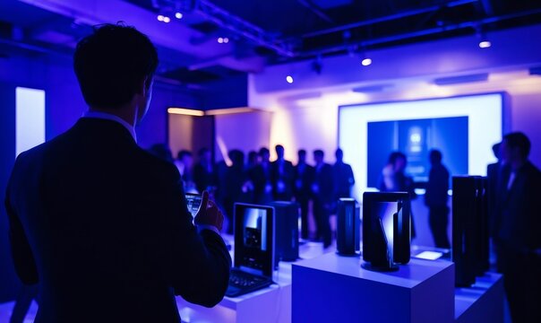 Man in suit, dark room, blue lighting, product displays.
