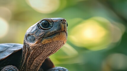 turtle with a friendly expression sitting against a green park background in natural daylight stock minimalist photo