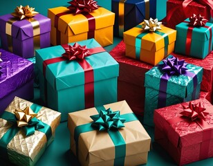 Obraz premium Festive gift packages tied with colorful ribbons
