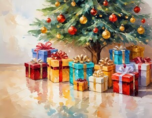 A decorated Christmas tree adorned with colorful ornaments and stacked presents ready for celebration in cozy holiday setting. Wrapped gifts of various colors. Festive atmosphere, warmth and joy. AI