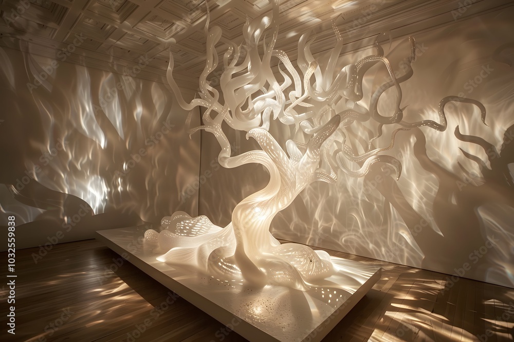 Poster ethereal tree sculpture casting intricate shadows in a serene gallery space