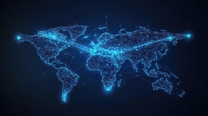 Glowing blue polygonal airplane and world map for global connectivity
